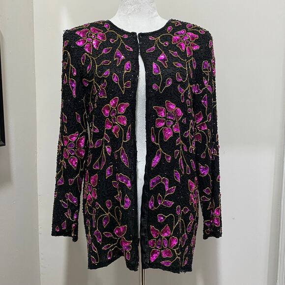 Vintage Sequin Jacket Size Medium Fuchsia Pink Floral Print on Black Silk - Picture 1 of 10